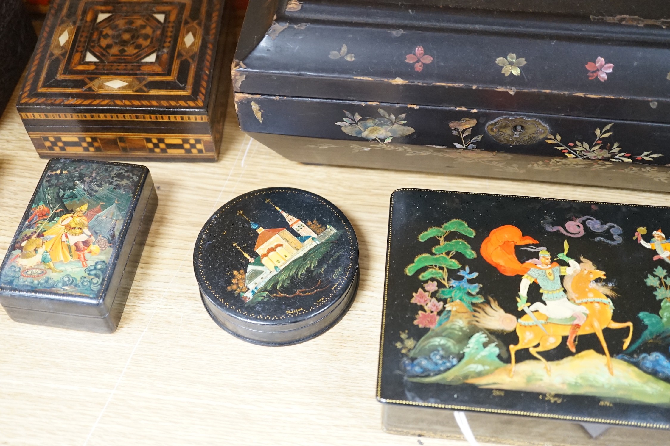 Three Russian papier mache boxes and assorted other boxes